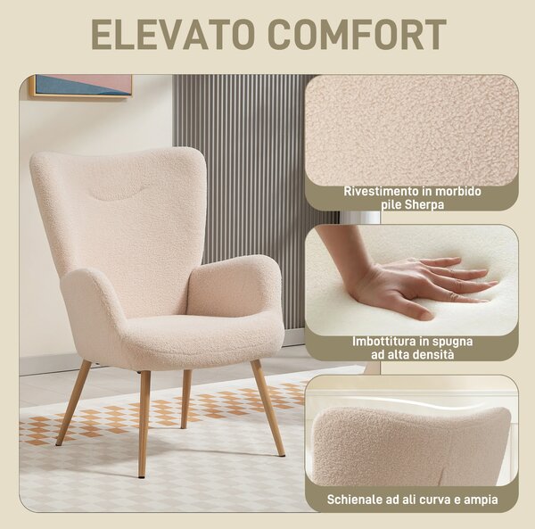HOMCOM Poltrona Moderna in Tessuto Sherpa Imbottita con Schienale Alto e Braccioli, Beige | Aosom Italy