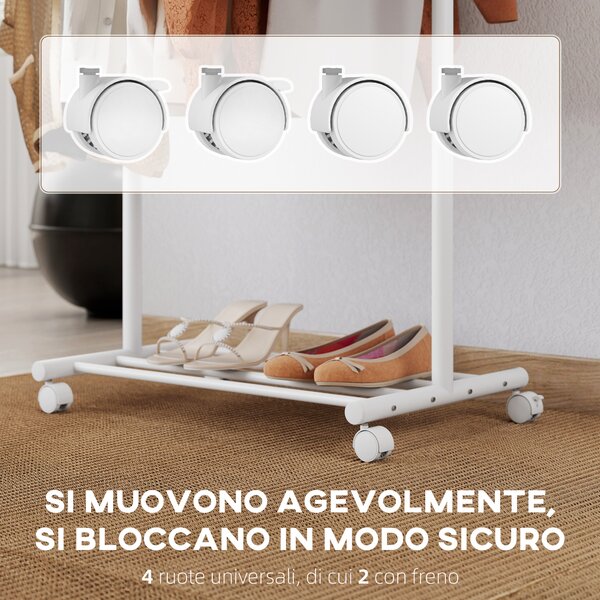 HOMCOM Stender Appendiabiti da Terra con Ruote, 5 Ganci e Ripiano Inferiore Porta Scarpe, Bianco | Aosom Italy