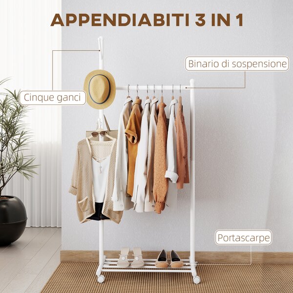 HOMCOM Stender Appendiabiti da Terra con Ruote, 5 Ganci e Ripiano Inferiore Porta Scarpe, Bianco | Aosom Italy