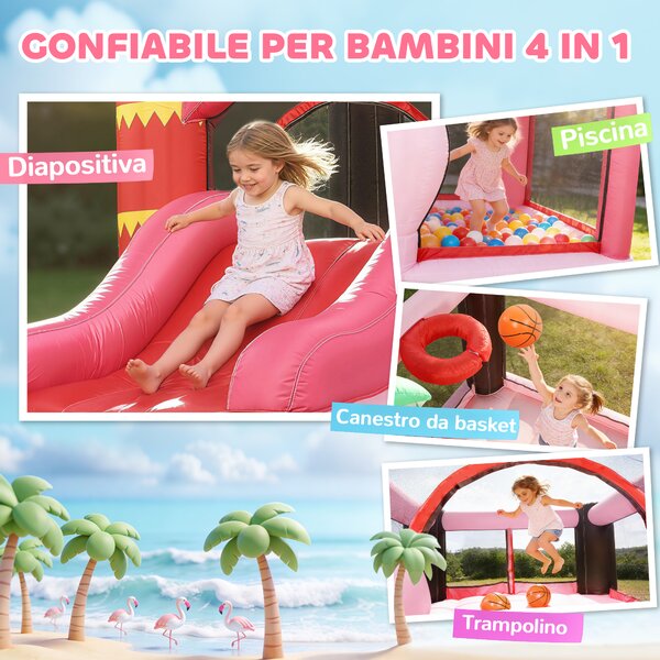 AIYAPLAY Castello Gonfiabile Scivolo e Trampolino 4 in 1, 255x230x196cm, Rosa | Aosom Italy