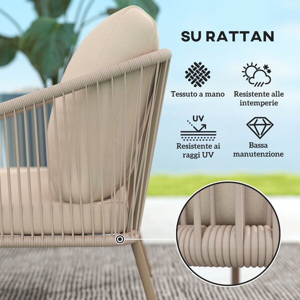 Outsunny Divano 2 Posti Stile Boho con Cuscini Sfoderabili e Braccioli, in Acciaio e Rattan PE, 112x72x76 cm, Beige | Aosom Italy