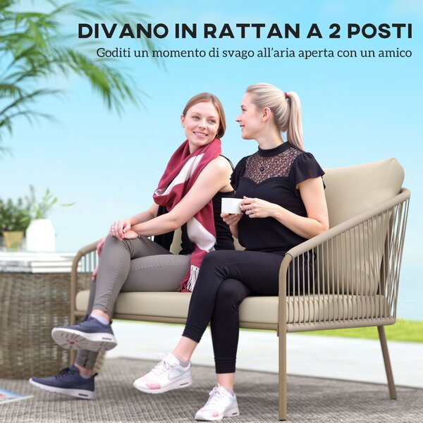 Outsunny Divano 2 Posti Stile Boho con Cuscini Sfoderabili e Braccioli, in Acciaio e Rattan PE, 112x72x76 cm, Beige | Aosom Italy