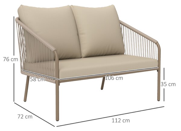 Outsunny Divano 2 Posti Stile Boho con Cuscini Sfoderabili e Braccioli, in Acciaio e Rattan PE, 112x72x76 cm, Beige | Aosom Italy
