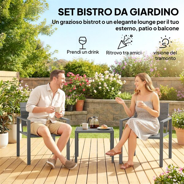 Outsunny Set da Bistrò Set da Giardino 3 Pezzi con 2 Sedie in HDPE, Grigio Scuro | Aosom Italy