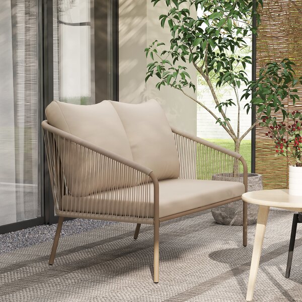 Outsunny Divano 2 Posti Stile Boho con Cuscini Sfoderabili e Braccioli, in Acciaio e Rattan PE, 112x72x76 cm, Beige | Aosom Italy
