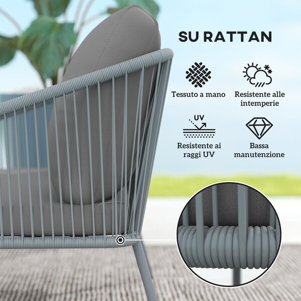 Outsunny Divano 2 Posti Stile Boho con Cuscini Sfoderabili e Braccioli, in Acciaio e Rattan PE, 112x72x76 cm, Grigio | Aosom Italy