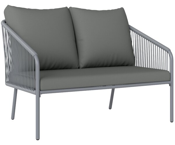 Outsunny Divano 2 Posti Stile Boho con Cuscini Sfoderabili e Braccioli, in Acciaio e Rattan PE, 112x72x76 cm, Grigio | Aosom Italy