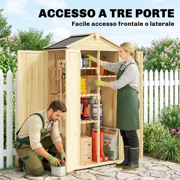 Outsunny Armadio da Giardino Casetta Porta Attrezzi 3 Porte 93x53x168cm Naturale | Aosom Italy