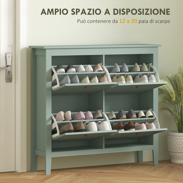 HOMCOM Scarpiera Slim 4 Cassetti per 20 Paia di Scarpe Taglia EU44 e Ripiani Regolabili, 105x24x95.5cm, Verde | Aosom Italy