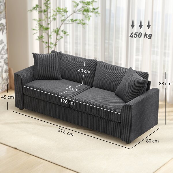 HOMCOM Divano 3 posti con 2 cuscini, molle, tessuto in velluto a coste, 212 cm, grigio scuro | Aosom Italy