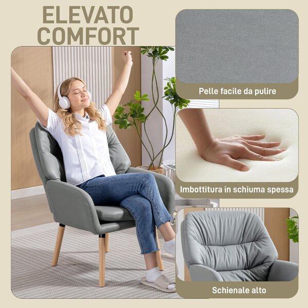 HOMCOM Poltrona Moderna con Schienale Alto a Doppia Imbottitura, Sedia con piedini regolabili, 68 x 79 x 89 cm Grigio | Aosom Italy