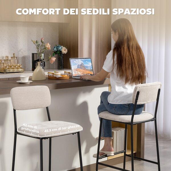 HOMCOM Set 2 Sgabelli da Bar con Schienale Alto, Poggiapiedi e Rivestimento in Ciniglia, Crema | Aosom Italy
