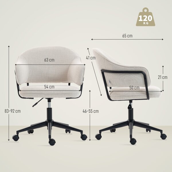HOMCOM Sedia da ufficio ergonomica, con altezza regolabile, girevole a 360°, 63 x 65 x 83-92 cm, Crema | Aosom Italy