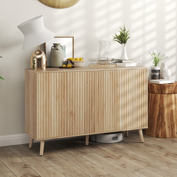 HOMCOM Credenza soggiorno, mobile contenitore con 4 ante scanalate ad apertura a pressione 120 x 35 x 77,5 cm, rovere | Aosom Italy