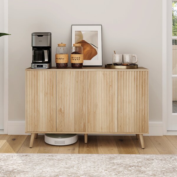 HOMCOM Credenza soggiorno, mobile contenitore con 4 ante scanalate ad apertura a pressione 120 x 35 x 77,5 cm, rovere | Aosom Italy