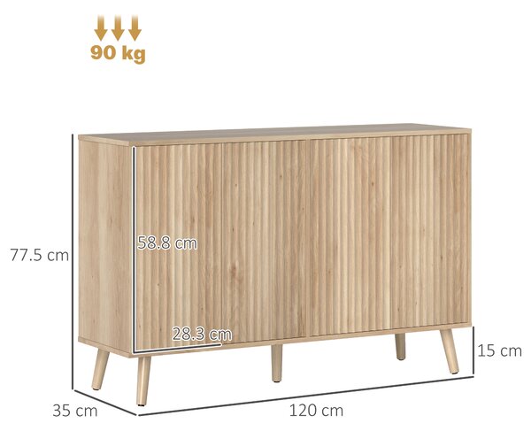 HOMCOM Credenza soggiorno, mobile contenitore con 4 ante scanalate ad apertura a pressione 120 x 35 x 77,5 cm, rovere | Aosom Italy