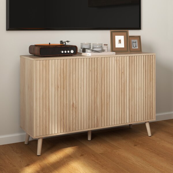 HOMCOM Credenza soggiorno, mobile contenitore con 4 ante scanalate ad apertura a pressione 120 x 35 x 77,5 cm, rovere | Aosom Italy