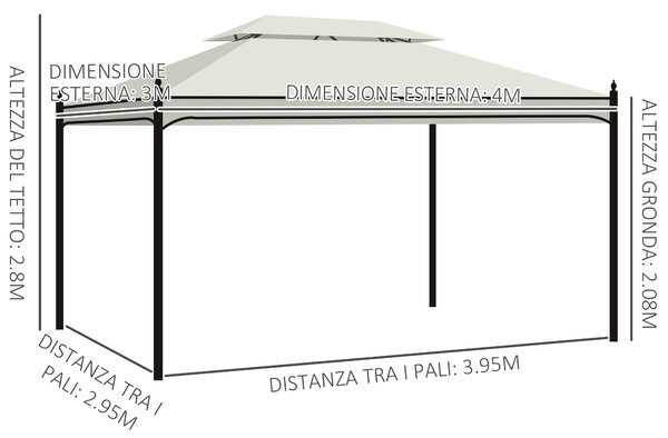 Outsunny Gazebo da Giardino in Metallo con Doppio Tetto e 4 Tende Laterali, 3x4m, Crema | Aosom Italy