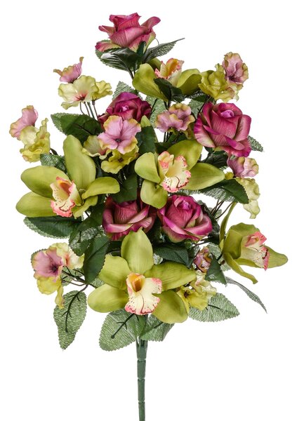Set 2 Bouquet Artificiale Frontale di Rose e Cymbidium Altezza 53 cm Marrone/Ciliegia/Bordeaux