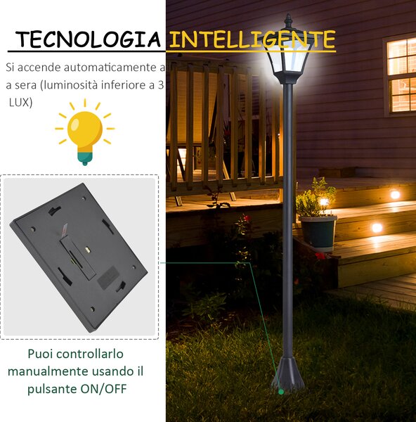 Outsunny Lampada da Giardino Lampada da Terra Lampione LED da Esterno Energia Solare Impermeabile IP44 15×15×120cm Nero|Aosom