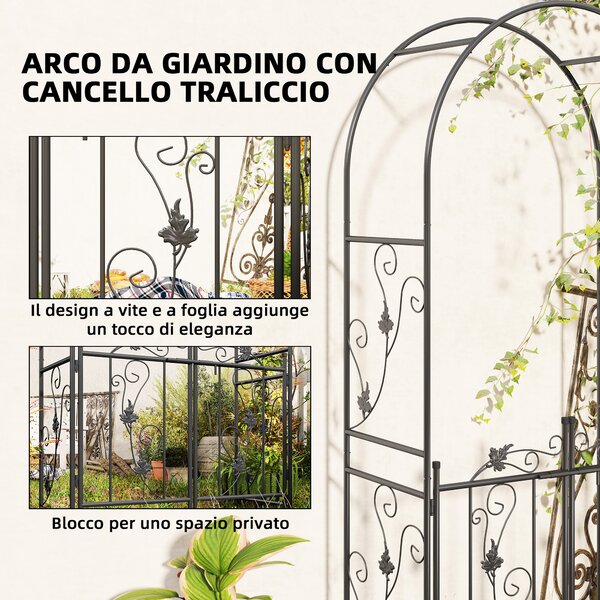 Outsunny Arco da Giardino con Cancello, Traliccio per Piante Rampicanti in Metallo, 2.2x1 m, Nero