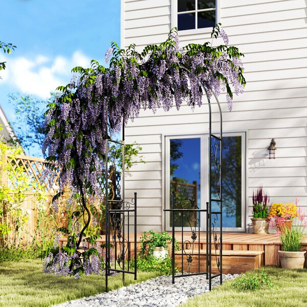 Outsunny Arco da Giardino con Cancello, Traliccio per Piante Rampicanti in Metallo, 2.2x1 m, Nero