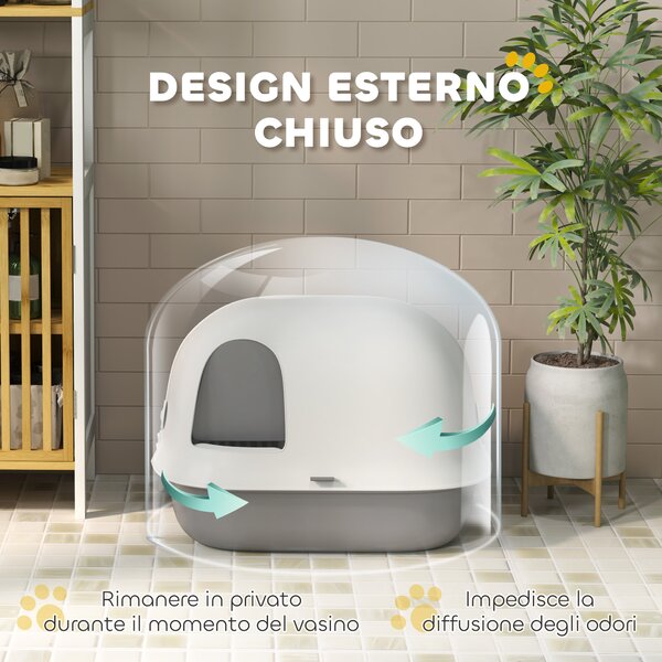 PawHut Lettiera per Gatti Chiusa con Gattaiola e Paletta, in PP, 58x46x39 cm, Grigio Chiaro e Bianco