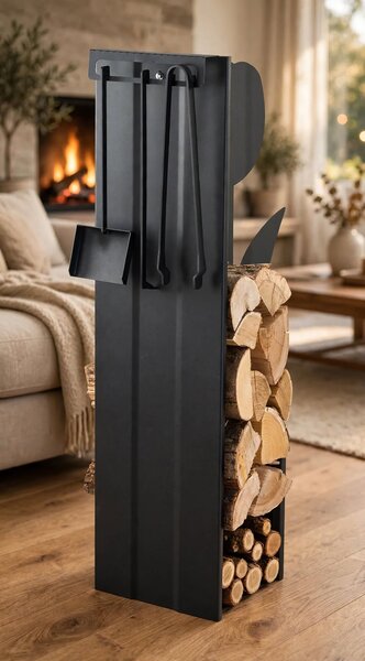 Portalegna con Attrezzi Camino 30x33x110 cm Crea Tulipano Con Attrezzi in Acciaio Verniciato Nero