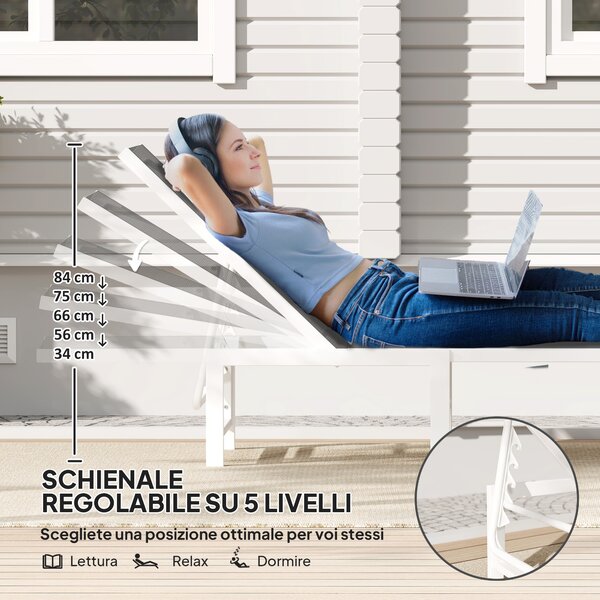 Outsunny Lettino Sdraio con Schienale Regolabile su 5 Livelli, in Acciaio e Textilene, 60x166x84 cm, Bianco e Grigio
