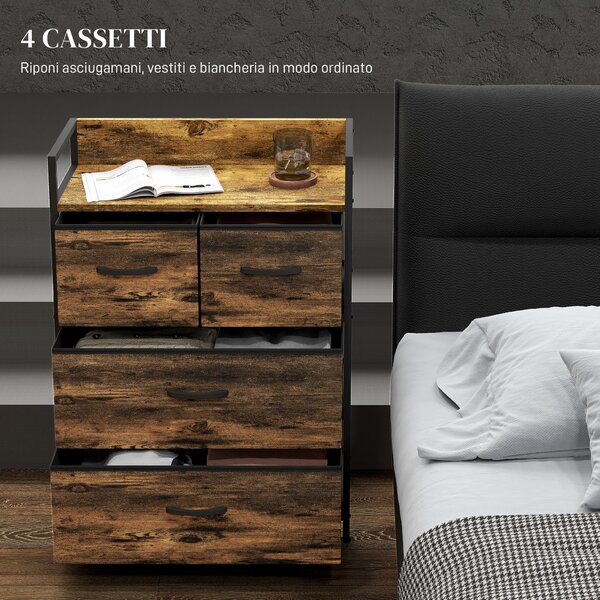HOMCOM Cassettiera 4 Cassetti Rimovibili dal Design Industriale in Legno e Acciaio, 60x29x85 cm, Marrone e Nero