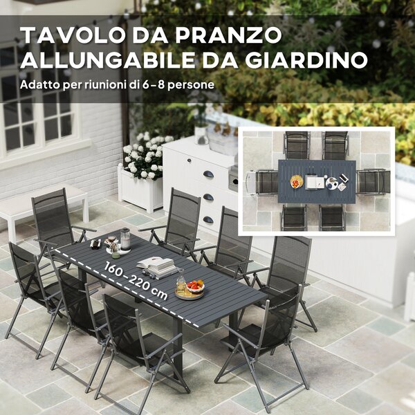 Outsunny Tavolo da Giardino Allungabile da 160-220 cm per 6-8 Persone Rettangolare in Alluminio, Grigio