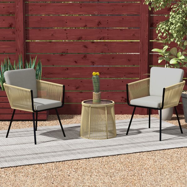 Outsunny Set da Esterno con Tavolino in Vetro e 2 Sedie da Giardino in Rattan Stile Boho, Caffè