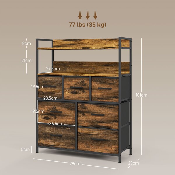HOMCOM Cassettiera 7 Cassetti Rimovibili con 2 Ripiani Industriale in Legno e Acciaio, 79x29x101 cm, Marrone e Nero