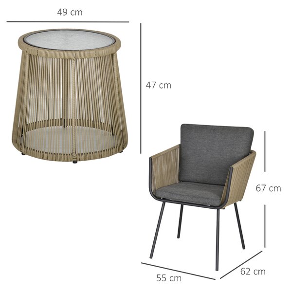 Outsunny Set da Esterno con Tavolino in Vetro e 2 Sedie da Giardino in Rattan Stile Boho, Caffè