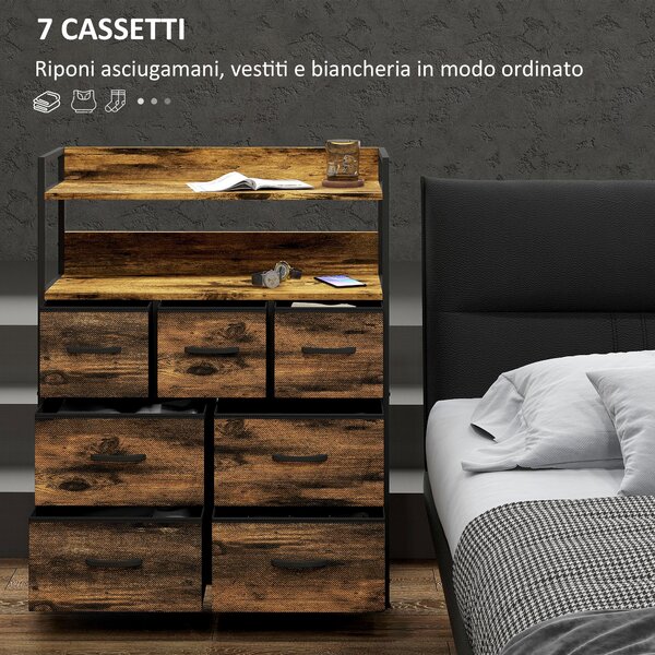 HOMCOM Cassettiera 7 Cassetti Rimovibili con 2 Ripiani Industriale in Legno e Acciaio, 79x29x101 cm, Marrone e Nero