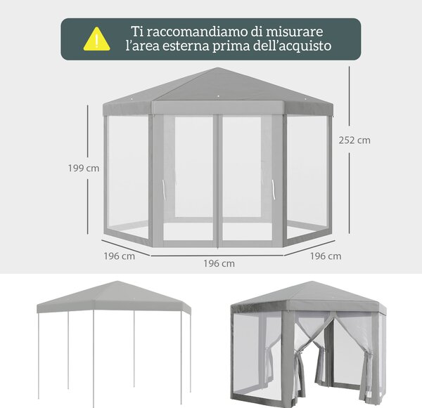 Outsunny Gazebo da Giardino Esagonale con Doppio Ingresso, in Metallo e Poliestere, 3.9x3.9x2.5 m, Grigio