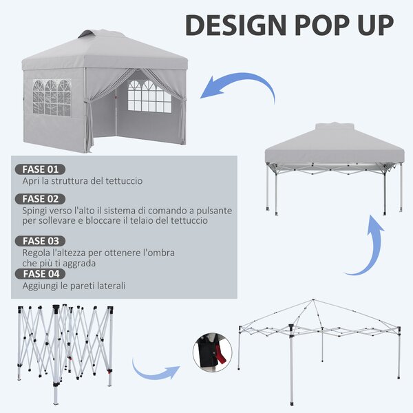 Outsunny Gazebo Pieghevole 3x3 m con Altezza Regolabile su 3 Livelli, Finestre e Borsa di Trasporto, Grigio Chiaro
