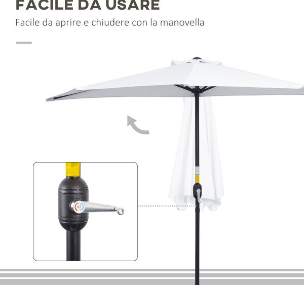 Outsunny Ombrellone da Terrazza a Mezzaluna con Apertura a Manovella e Palo a 2 Sezioni, 2.6x1.35 m, Bianco