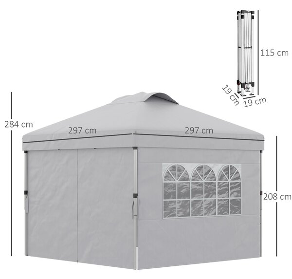 Outsunny Gazebo Pieghevole 3x3 m con Altezza Regolabile su 3 Livelli, Finestre e Borsa di Trasporto, Grigio Chiaro