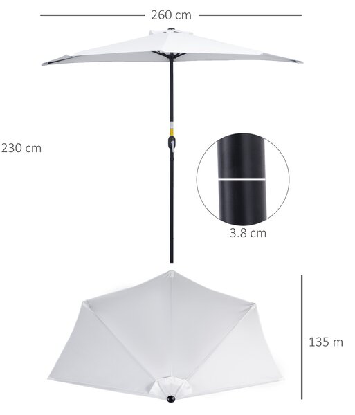 Outsunny Ombrellone da Terrazza a Mezzaluna con Apertura a Manovella e Palo a 2 Sezioni, 2.6x1.35 m, Bianco