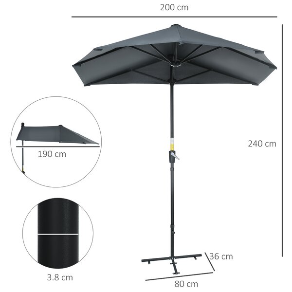 Outsunny Ombrellone Semicircolare con Manovella e Tettuccio Anti UV, 200x190x240 cm, Grigio