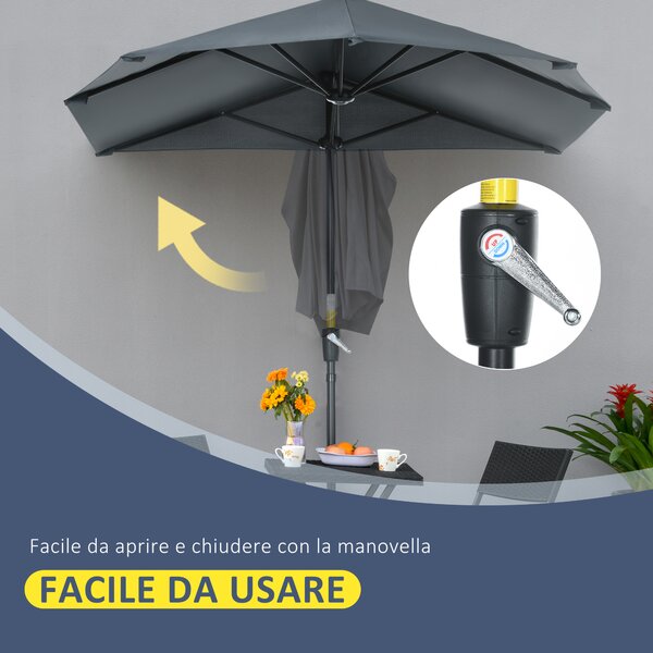 Outsunny Ombrellone Semicircolare con Manovella e Tettuccio Anti UV, 200x190x240 cm, Grigio