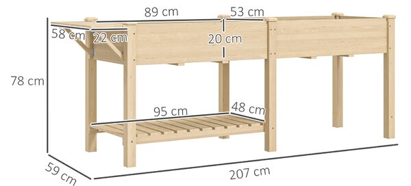 Outsunny Fioriera Rialzata con Tavolino Laterale e Ripiano Porta Attrezzi Inferiore, in Legno di Abete, 207x59x78 cm