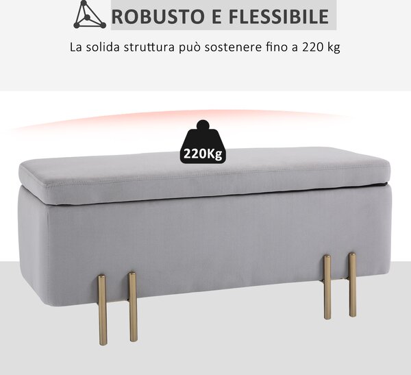 HOMCOM Contenitore Rettangolare di Lusso con Panca Ottomana con Cuscino e Superficie Morbida, Grigio Chiaro|Aosom
