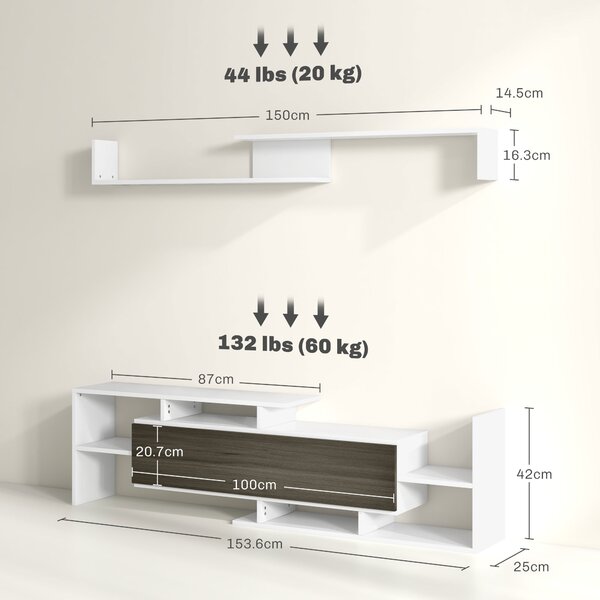 HOMCOM Mobile TV Moderno con Mensola a Muro e Ripiani Aperti in Legno Bianco e Nero per Soggiorno Salotto Design Elegante e Funzionale |Aosom