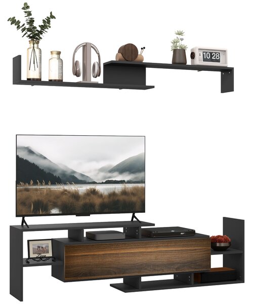 HOMCOM Mobile Porta TV Moderno con Mensola a Muro e Ripiani Aperti Armadietto in Legno, Nero e Marrone | Aosom Italy