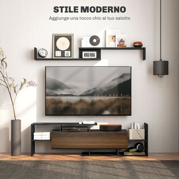 HOMCOM Mobile Porta TV Moderno con Mensola a Muro e Ripiani Aperti Armadietto in Legno, Nero e Marrone | Aosom Italy