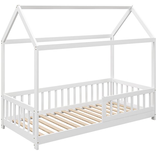 HOMCOM Letto per Bambini Casetta in Legno di Pino con Doghe e Recinzione Sicura per Stanza dei Bambini 96x195x165 cm Colore Bianco|Aosom