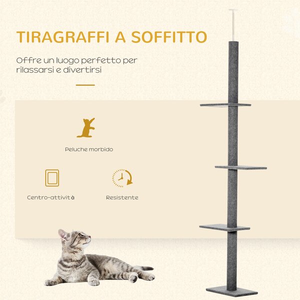 PawHut Albero Tiragraffi per Gatti a 4 Livelli con Altezza Regolabile, Grigio, 43x27x228-260cm