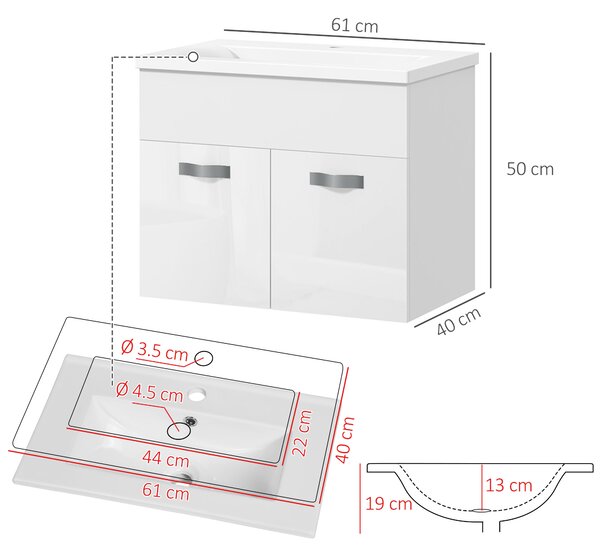 Kleankin Mobile Bagno Sospeso con Lavabo e Armadietto a 2 Ante Cerniere Ammortizzate Design Moderno 61x40x50cm Bianco |Aosom